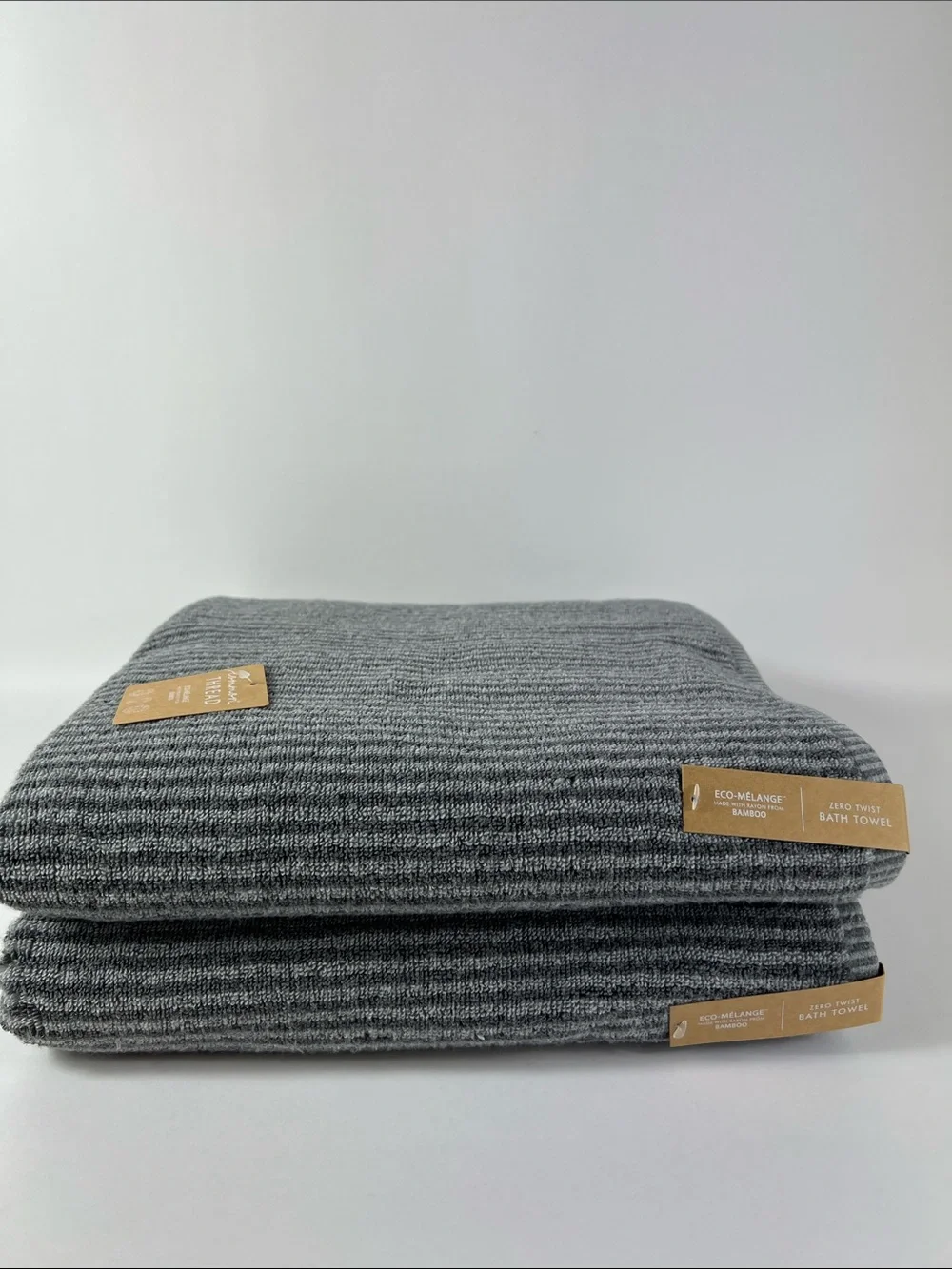 Common Thread Bath Towels Bamboo Eco-Mélange Gray Striped Soft Set of 2 NEW